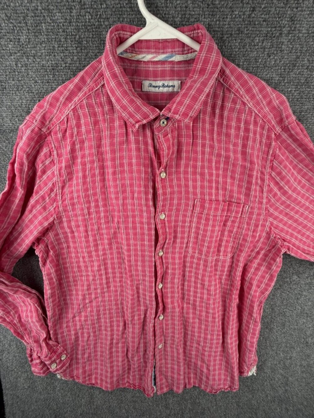 Tommy Bahama Linen Button Up Shirt Pink Check Long Sleeve Large Woven Beach